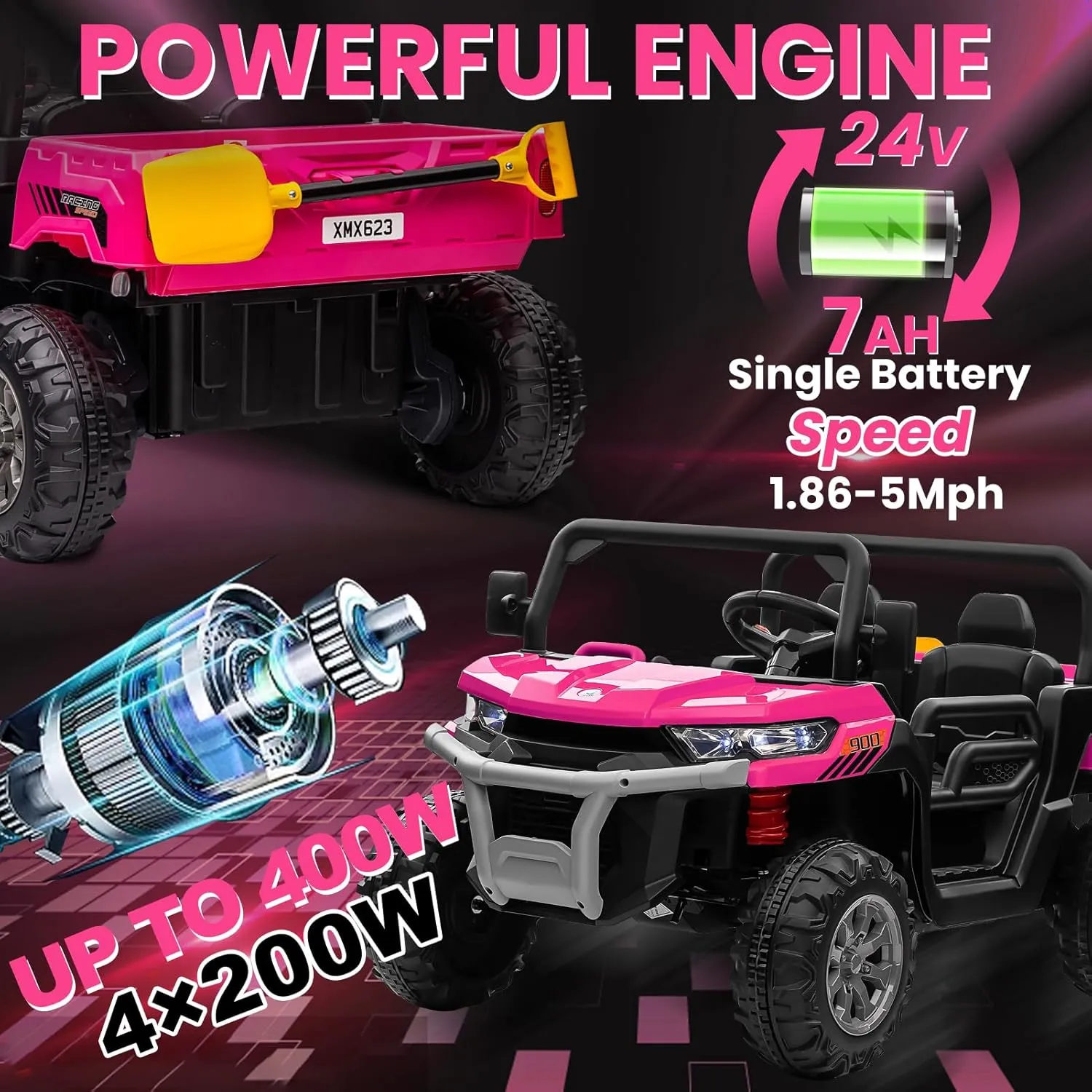 24V 4WD Ride on Truck Car w/4X200W Motor, Dump Bed, Gift Flower, 2 seaters, Remote Control, 4 Wheeler, LED Light, Music, 24 Volt Battery Powered Ride on Toys for Big Kids Girls 3-8, Pink