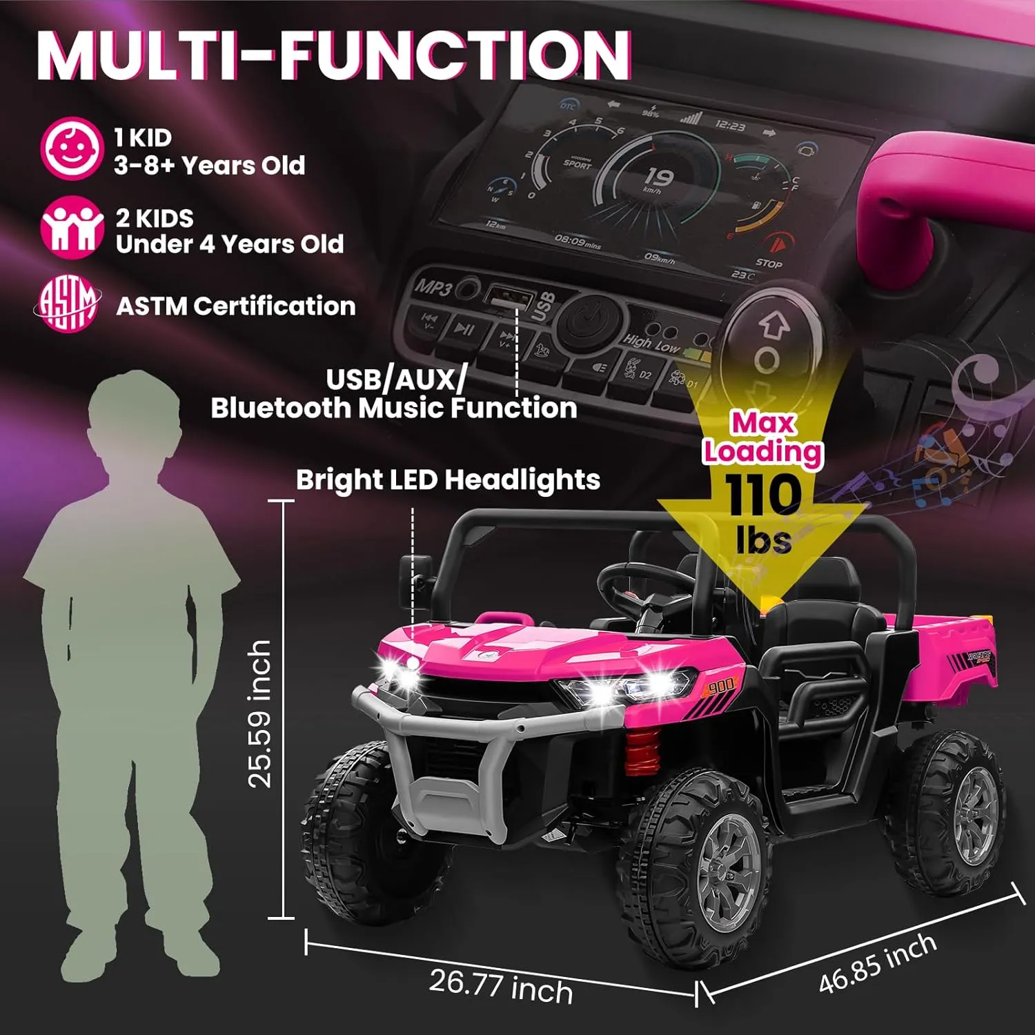 24V 4WD Ride on Truck Car w/4X200W Motor, Dump Bed, Gift Flower, 2 seaters, Remote Control, 4 Wheeler, LED Light, Music, 24 Volt Battery Powered Ride on Toys for Big Kids Girls 3-8, Pink