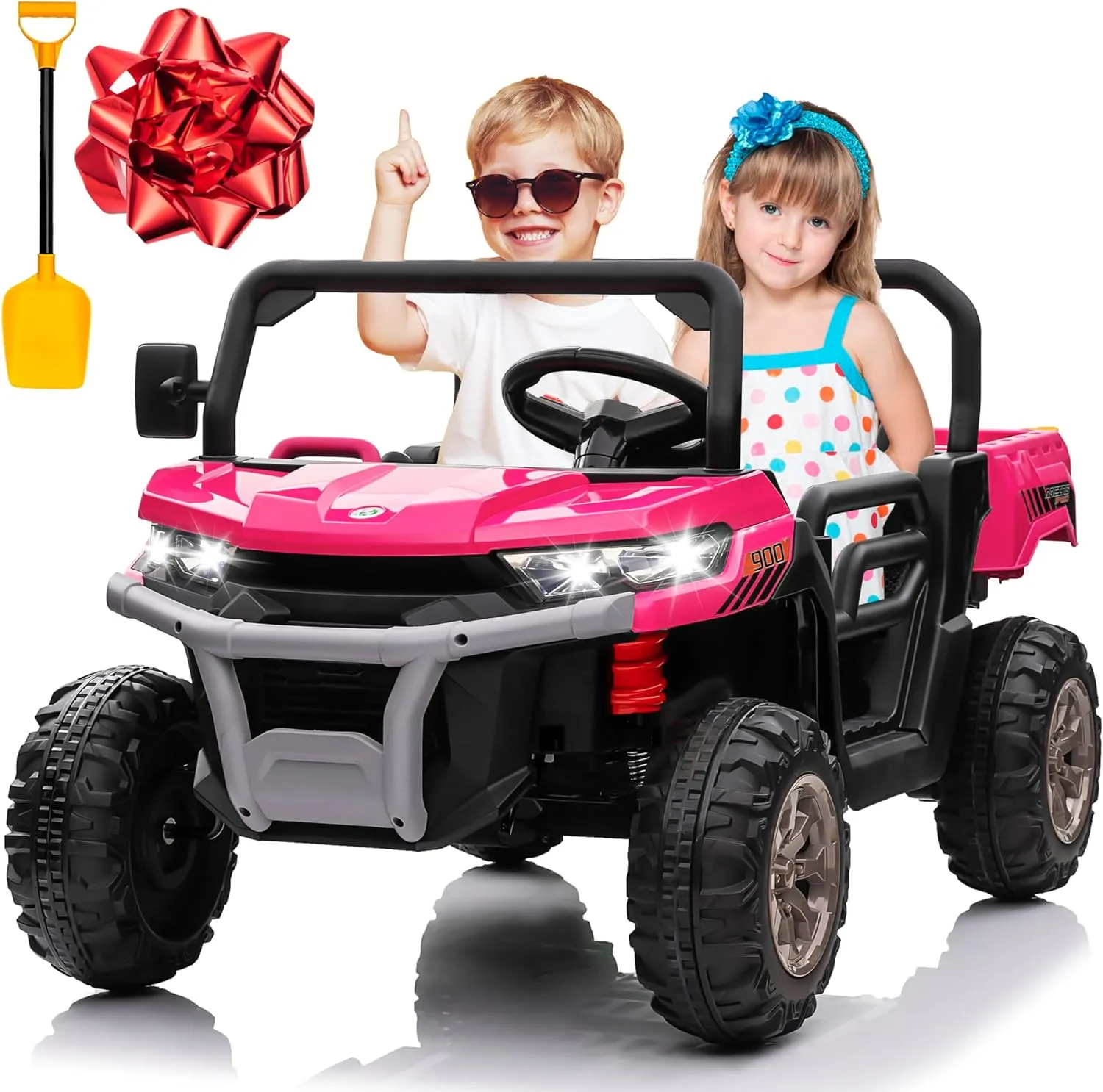 24V 4WD Ride on Truck Car w/4X200W Motor, Dump Bed, Gift Flower, 2 seaters, Remote Control, 4 Wheeler, LED Light, Music, 24 Volt Battery Powered Ride on Toys for Big Kids Girls 3-8, Pink
