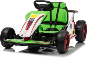 24V Kid Go Kart, 7AH Battery Powered Electric Vehicle, w/150 * 2 Motors, Drifting Car, Soft Start, Music, Horn Honking and Safety Belt, Gift for Kids Age 6-12 Years Old, Green