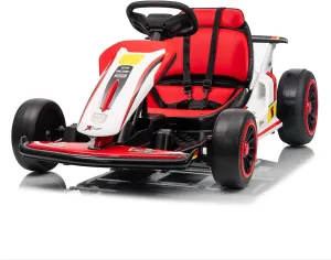 24V Kid Go Kart, Drifting Car, 7AH Battery Powered Electric Vehicle, w/150 * 2 Motors, Soft Start, Music, Horn Honking and Safety Belt, Gift for Kids Age 8-12 Years Old, White&Red