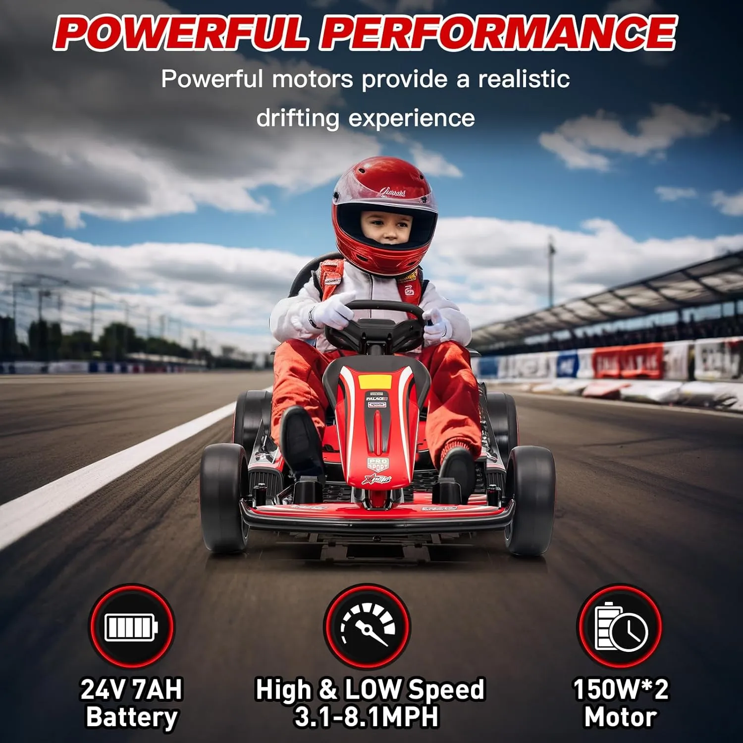 24V Kid Go Kart, Drifting Car, 7AH Battery Powered Electric Vehicle, w/150 * 2 Motors, Soft Start, Music, Horn Honking and Safety Belt, Gift for Kids Age 8-12 Years Old, White&Red
