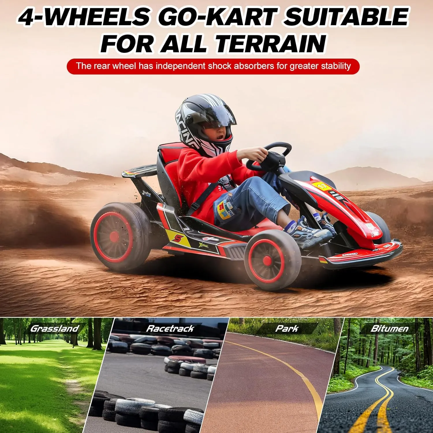 24V Kid Go Kart, Drifting Car, 7AH Battery Powered Electric Vehicle, w/150 * 2 Motors, Soft Start, Music, Horn Honking and Safety Belt, Gift for Kids Age 8-12 Years Old, White&Red
