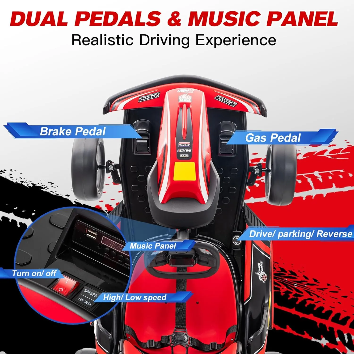 24V Kid Go Kart, Drifting Car, 7AH Battery Powered Electric Vehicle, w/150 * 2 Motors, Soft Start, Music, Horn Honking and Safety Belt, Gift for Kids Age 8-12 Years Old, White&Red