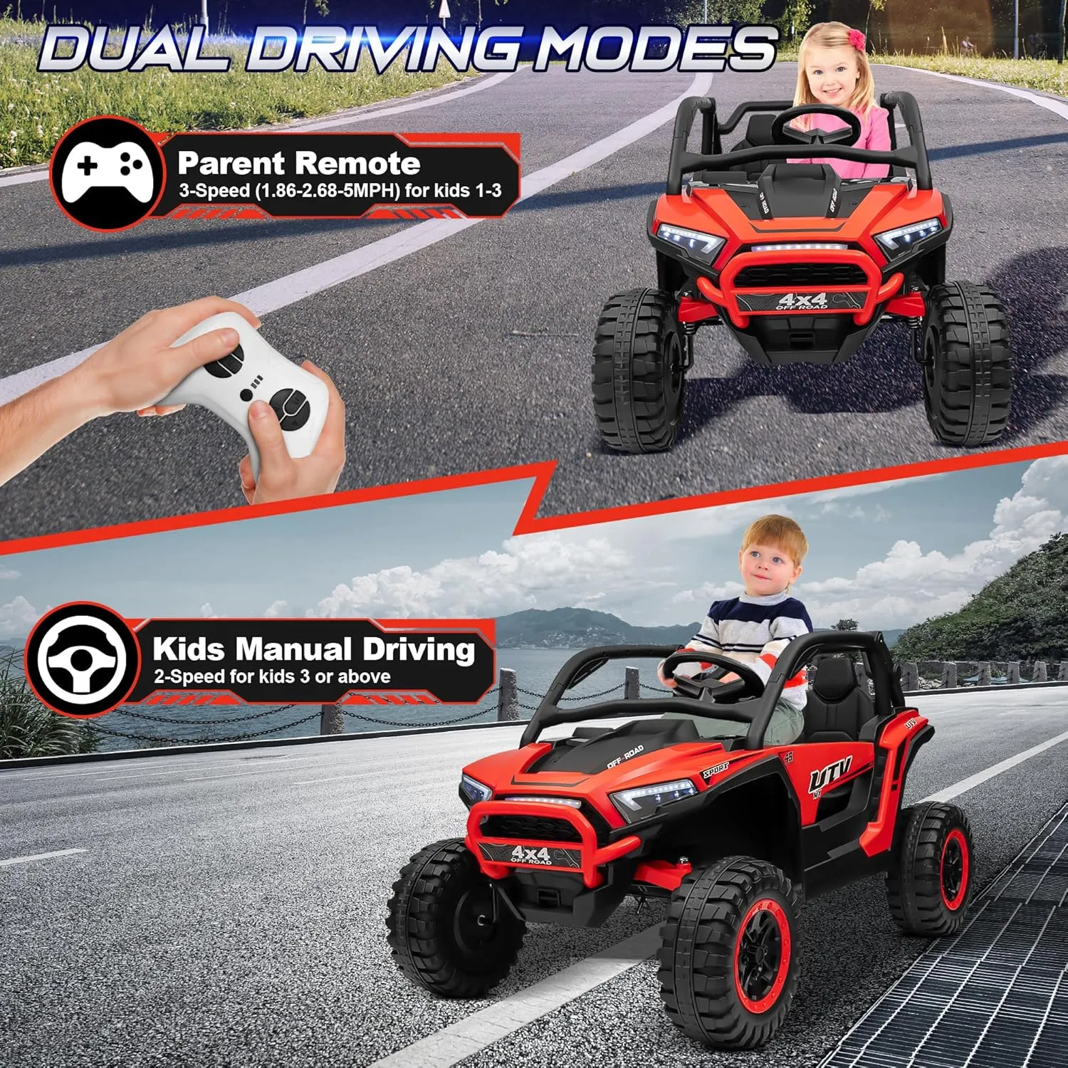 24V Ride on Car 2 Seater, 4x4 Off-Road Kids UTV Toy w/Parental Remote Control, 20" Spacious Seat, 2WD/4WD Switchable, Spring Suspension, Bluetooth, Lights, Electric Cars Vehicles for Kids