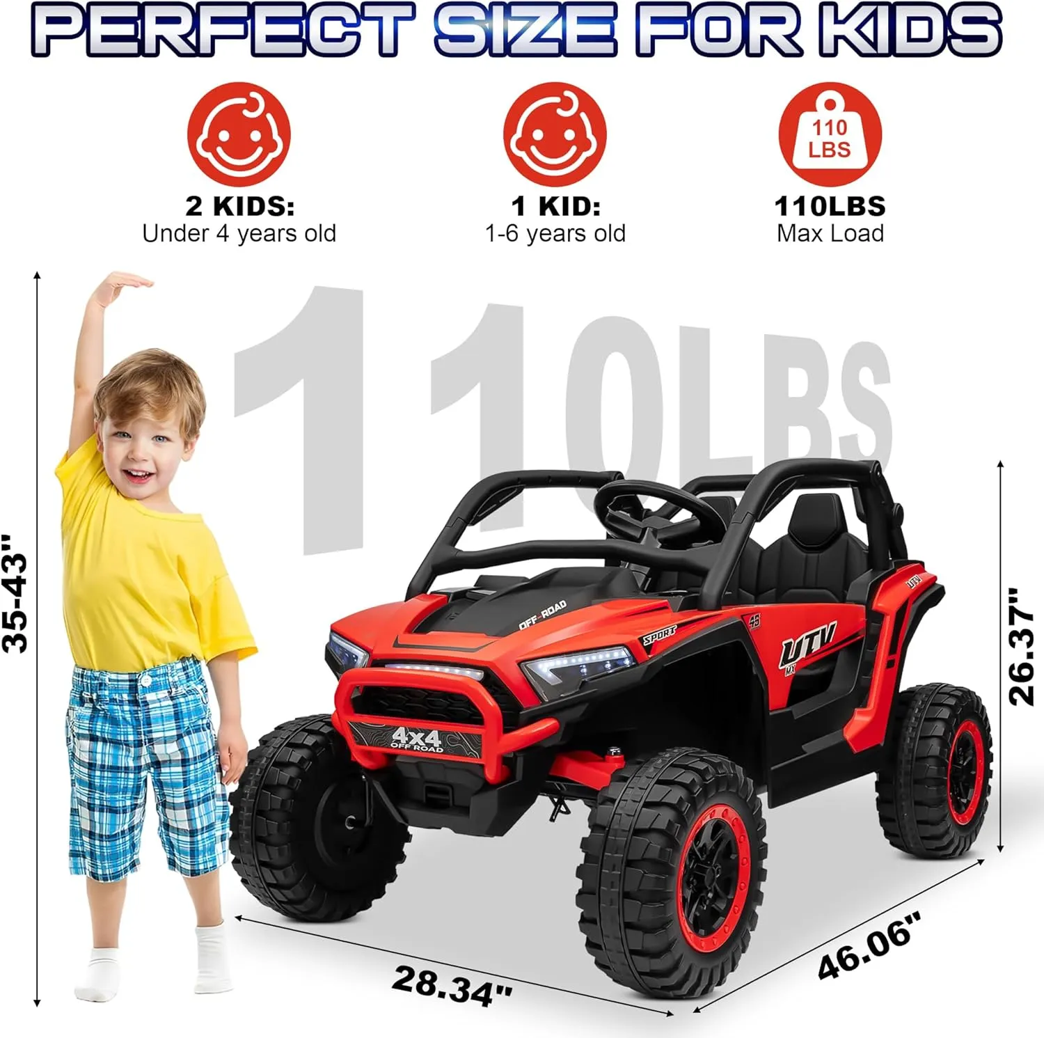 24V Ride on Car 2 Seater, 4x4 Off-Road Kids UTV Toy w/Parental Remote Control, 20" Spacious Seat, 2WD/4WD Switchable, Spring Suspension, Bluetooth, Lights, Electric Cars Vehicles for Kids