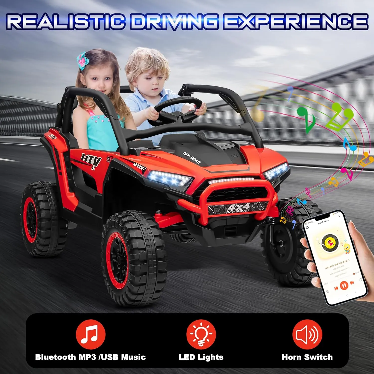 24V Ride on Car 2 Seater, 4x4 Off-Road Kids UTV Toy w/Parental Remote Control, 20" Spacious Seat, 2WD/4WD Switchable, Spring Suspension, Bluetooth, Lights, Electric Cars Vehicles for Kids