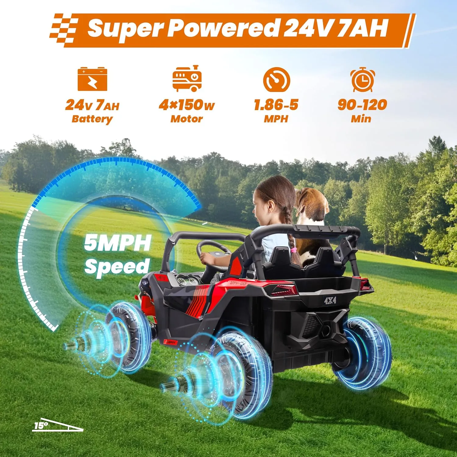 24V Ride on Car 2 Seater Ride on UTV 4X4 Off-Road UTV for Kids 4X200W Powerful Motor Kids' Electric Vehicles with Remote Control, Spring Suspension, Led Light, Bluetooth Music, Red