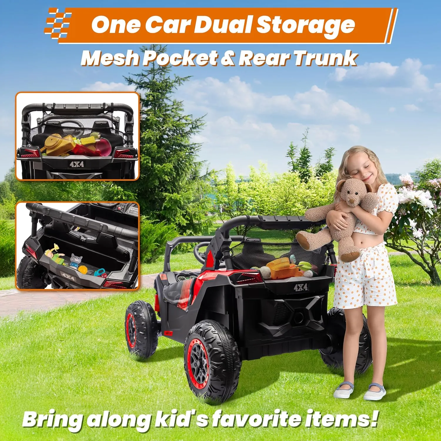 24V Ride on Car 2 Seater Ride on UTV 4X4 Off-Road UTV for Kids 4X200W Powerful Motor Kids' Electric Vehicles with Remote Control, Spring Suspension, Led Light, Bluetooth Music, Red