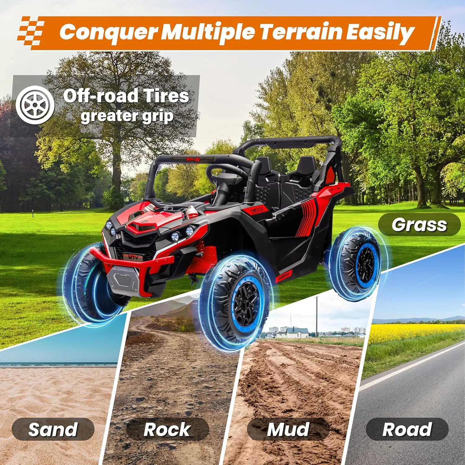 24V Ride on Car 2 Seater Ride on UTV 4X4 Off-Road UTV for Kids 4X200W Powerful Motor Kids' Electric Vehicles with Remote Control, Spring Suspension, Led Light, Bluetooth Music, Red
