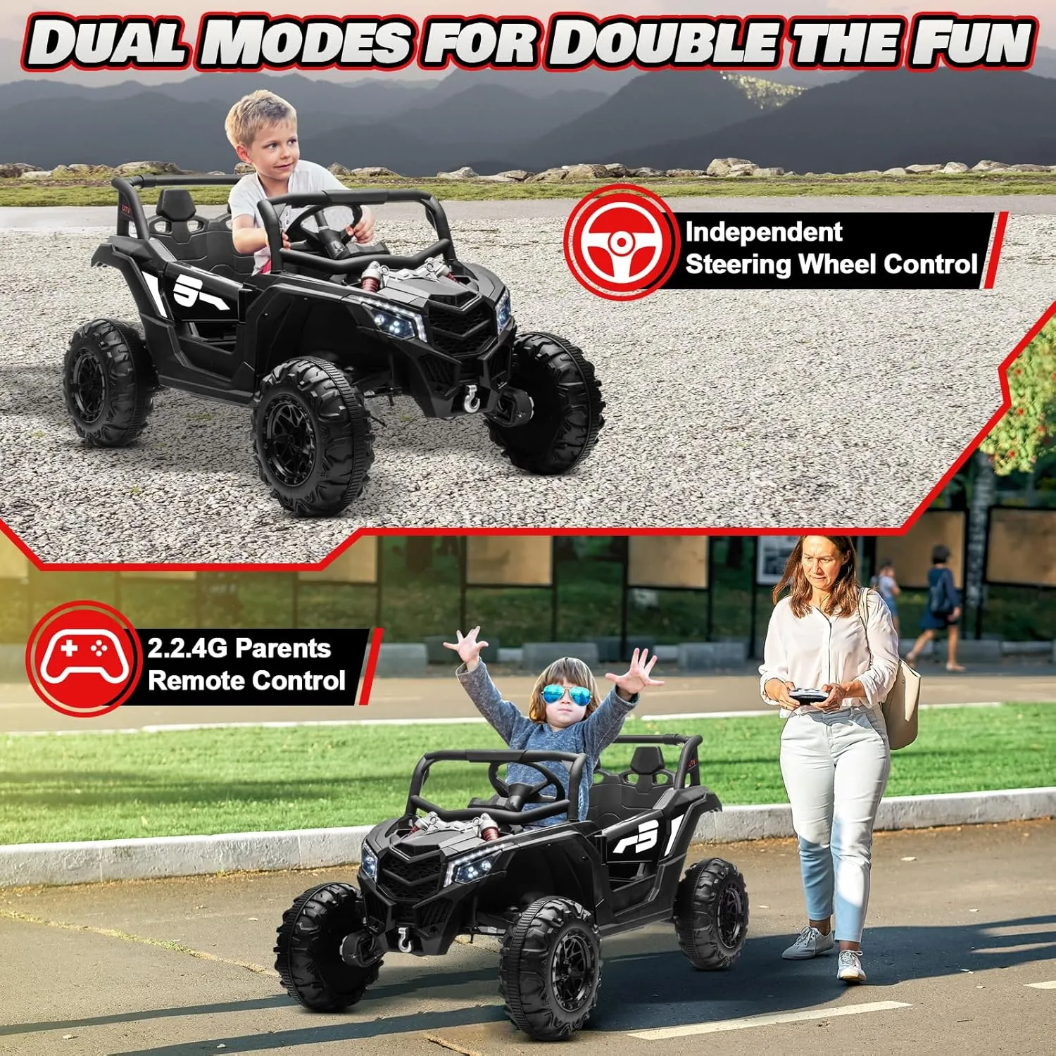 24V Ride On Car for Kids w/Remote Control, JOYRACER Battery Powered Off-Road UTV, 4x150W Motors,4 Shock Absorbers, 4.5 Mph Max Speed, Bluetooth, MP3, Lights, Electric Car for Big Kids