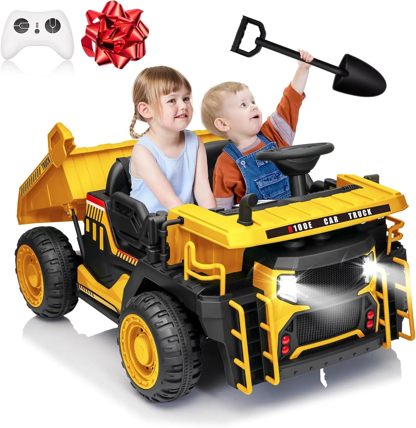 24V Ride On Dump Truck, 2X200W Powerful Motors, Up to 4.9Mph, 20" Spacious Two Seater Ride On Car w/Electric Dump Bed and Extra Shovel, 110LBS Max, Parent Remote Electric Truck for Kids-Yellow