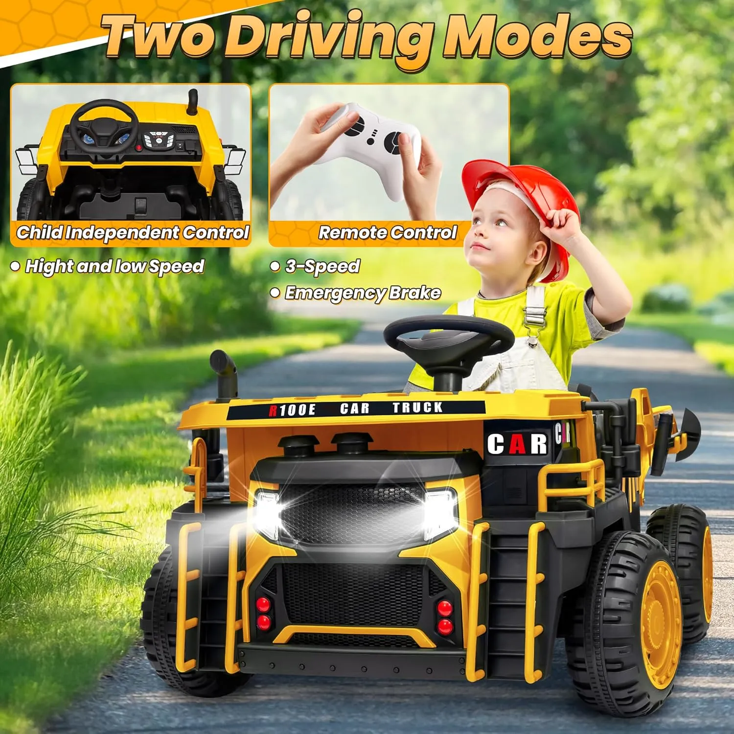 24V Ride On Dump Truck, 2X200W Powerful Motors, Up to 4.9Mph, 20" Spacious Two Seater Ride On Car w/Electric Dump Bed and Extra Shovel, 110LBS Max, Parent Remote Electric Truck for Kids-Yellow