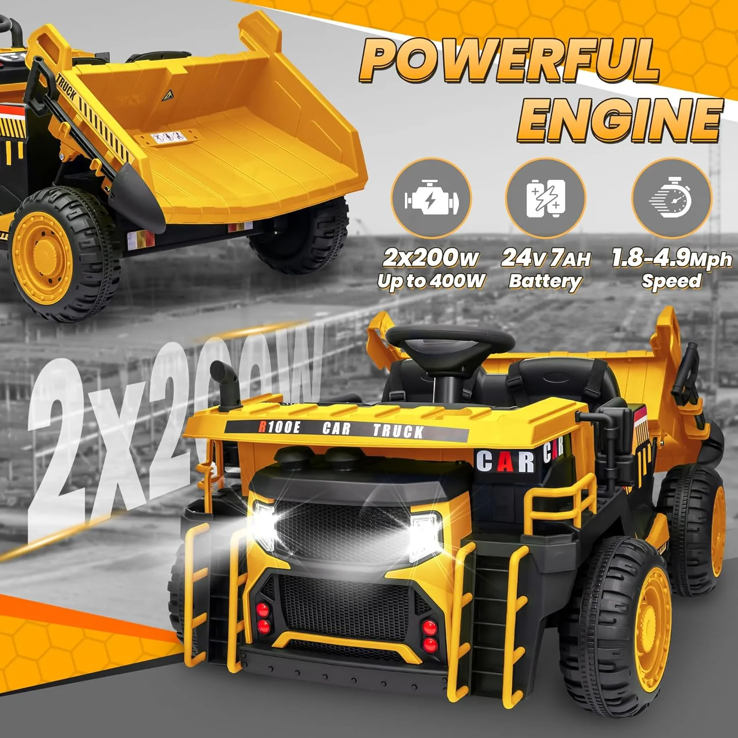 24V Ride On Dump Truck, 2X200W Powerful Motors, Up to 4.9Mph, 20" Spacious Two Seater Ride On Car w/Electric Dump Bed and Extra Shovel, 110LBS Max, Parent Remote Electric Truck for Kids-Yellow