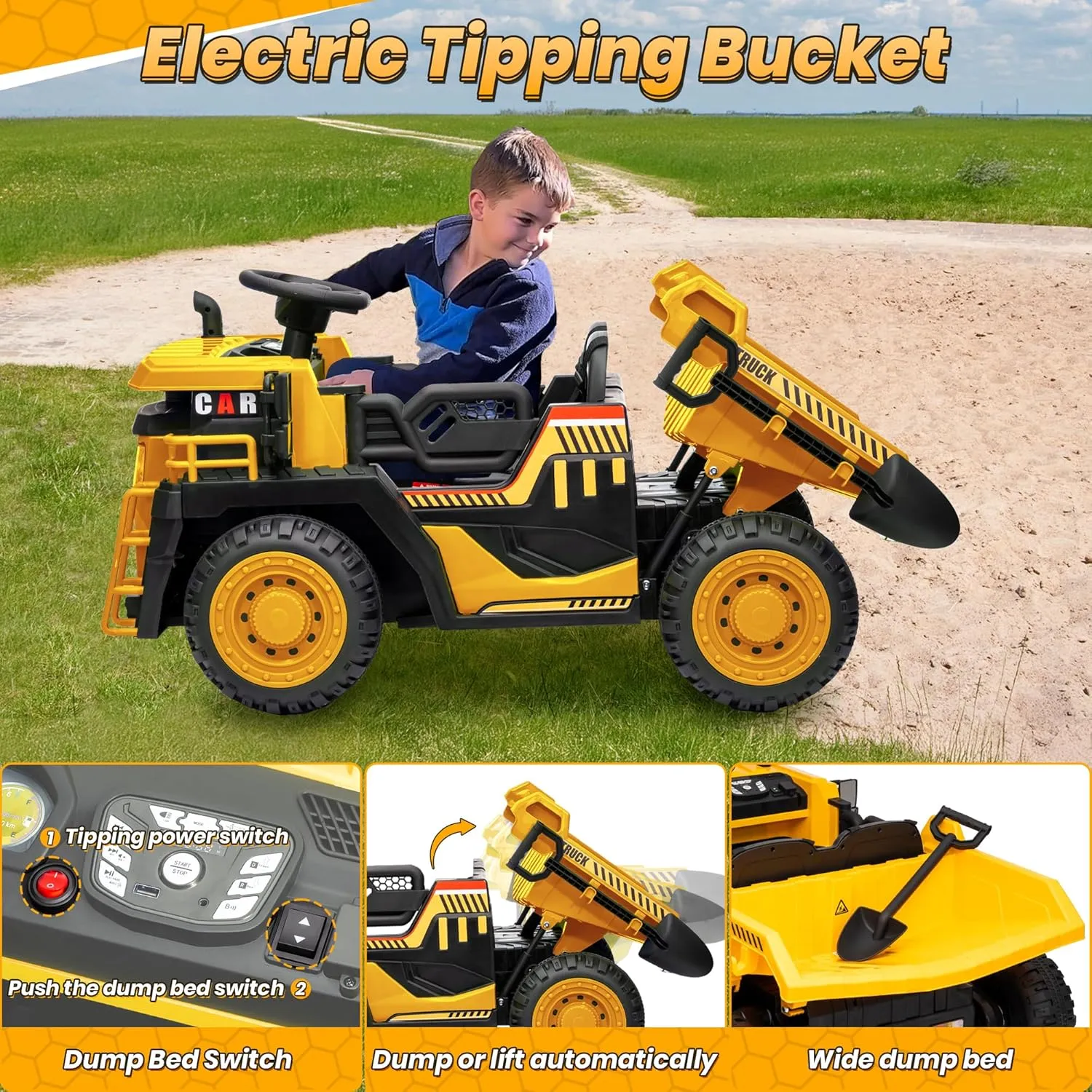 24V Ride On Dump Truck, 2X200W Powerful Motors, Up to 4.9Mph, 20" Spacious Two Seater Ride On Car w/Electric Dump Bed and Extra Shovel, 110LBS Max, Parent Remote Electric Truck for Kids-Yellow