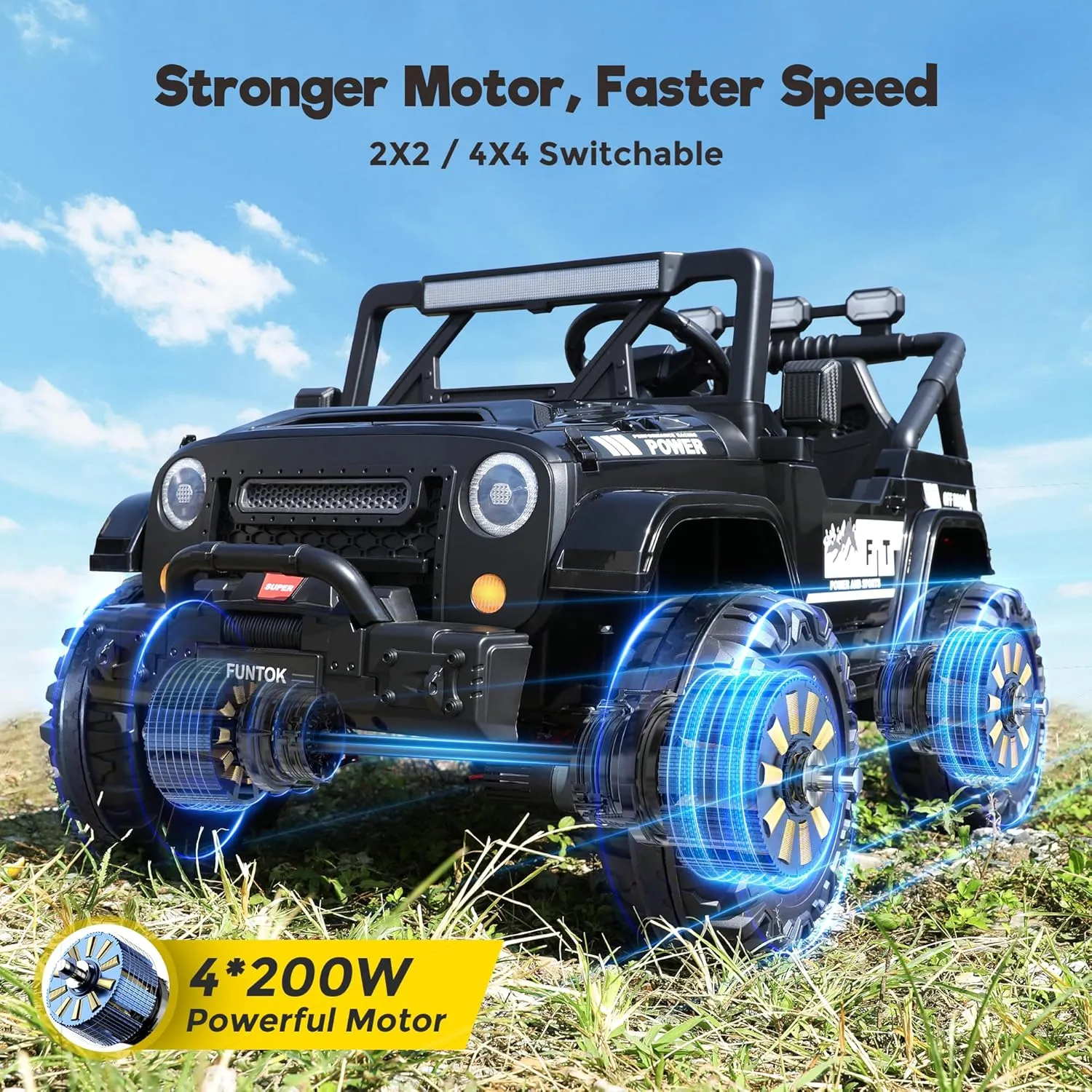 24V Ride On Truck for Big Kids, 2 Seater Electric Car w/Remote Control, 4WD/2WD Switchable, 4x200W Motor, Truck Bed Storage, LED Headlights, Music Player, Bluetooth, Gifts for Boys Girls