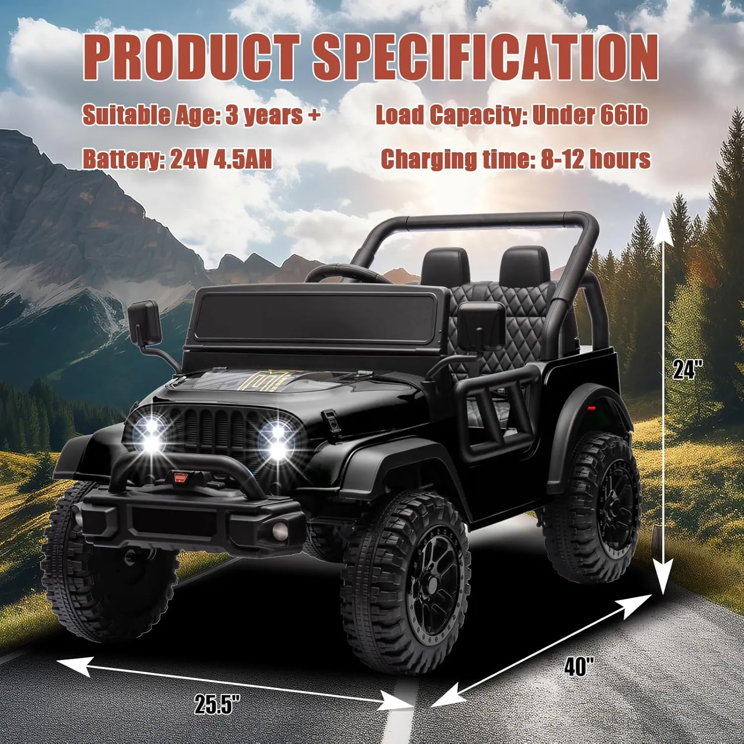 24V Ride On Truck for Kids, 1-Seater 4WD Battery Powered Electric Car Ride On Car with Remote Control Kids Electric Vehicle for Boys with EVA Tire Off-Road Truck Ride On UTV Ride On Toys, Black