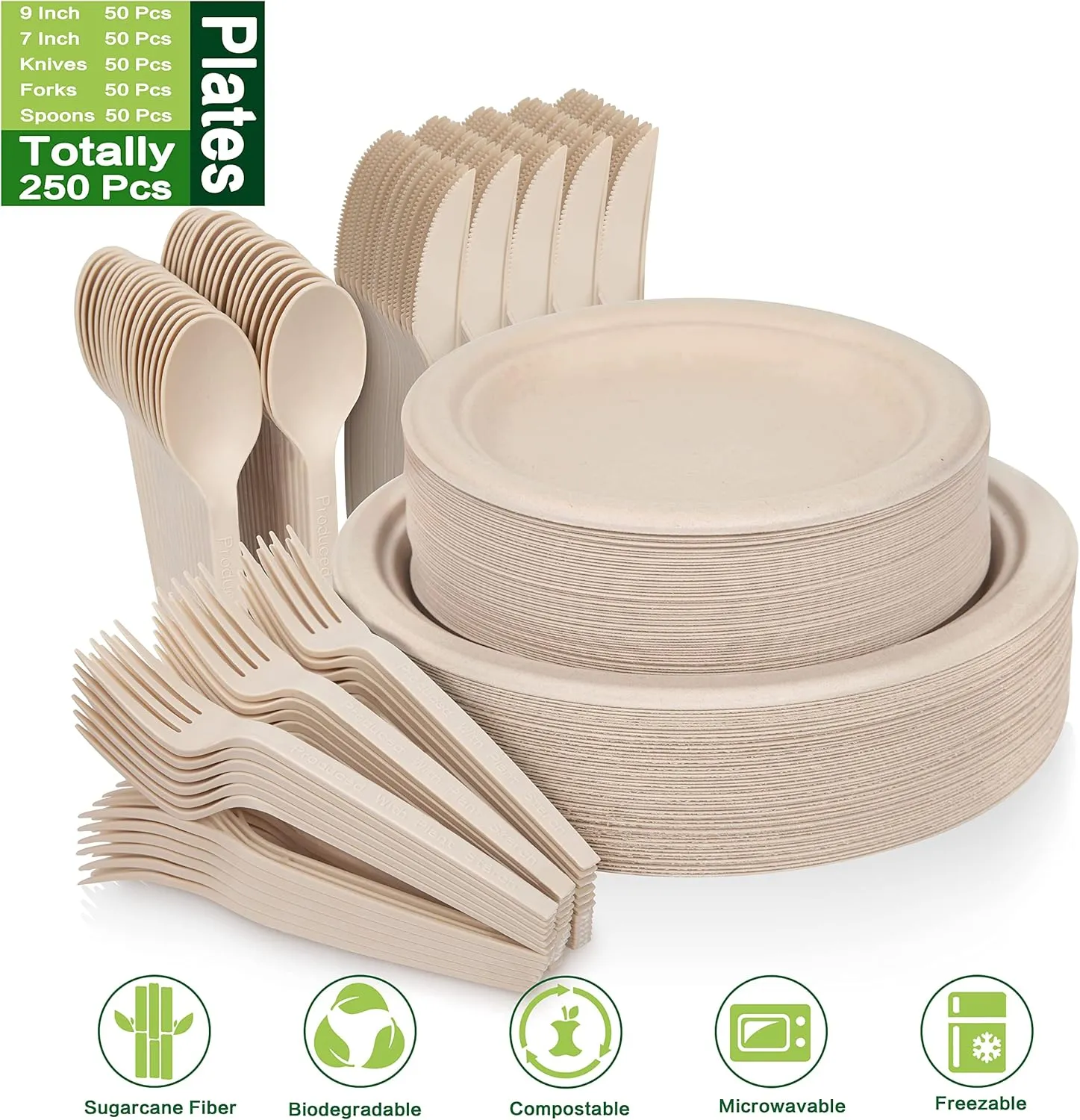 250 Piece Compostable Paper Plates Set with Extra Long Utensils, Sugarcane Fibers Disposable Dinnerware Set, Eco Friendly Biodegradable Plates, Spoons, Forks and Knives for Party, Camping, Picnic