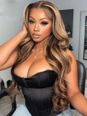 26 Inches Highlight Synthetic Lace Front Wig, 13x6 Hd Lace Front Pre Plucked Hairline with Baby Hair, Heat Resistant Long Wavy Synthetic Wigs for Black Women