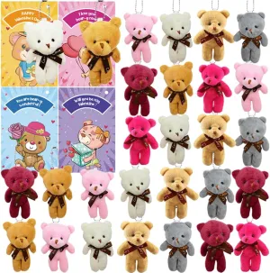 28PCS Valentine's Day Gift Cards Plush Bear Stuffed Keychain Toys, Mini Stuffed Animal Plush Toys Keychains for Kids School Classroom Rewards, Valentine's Gifts Exchange, Valentines Party Favor