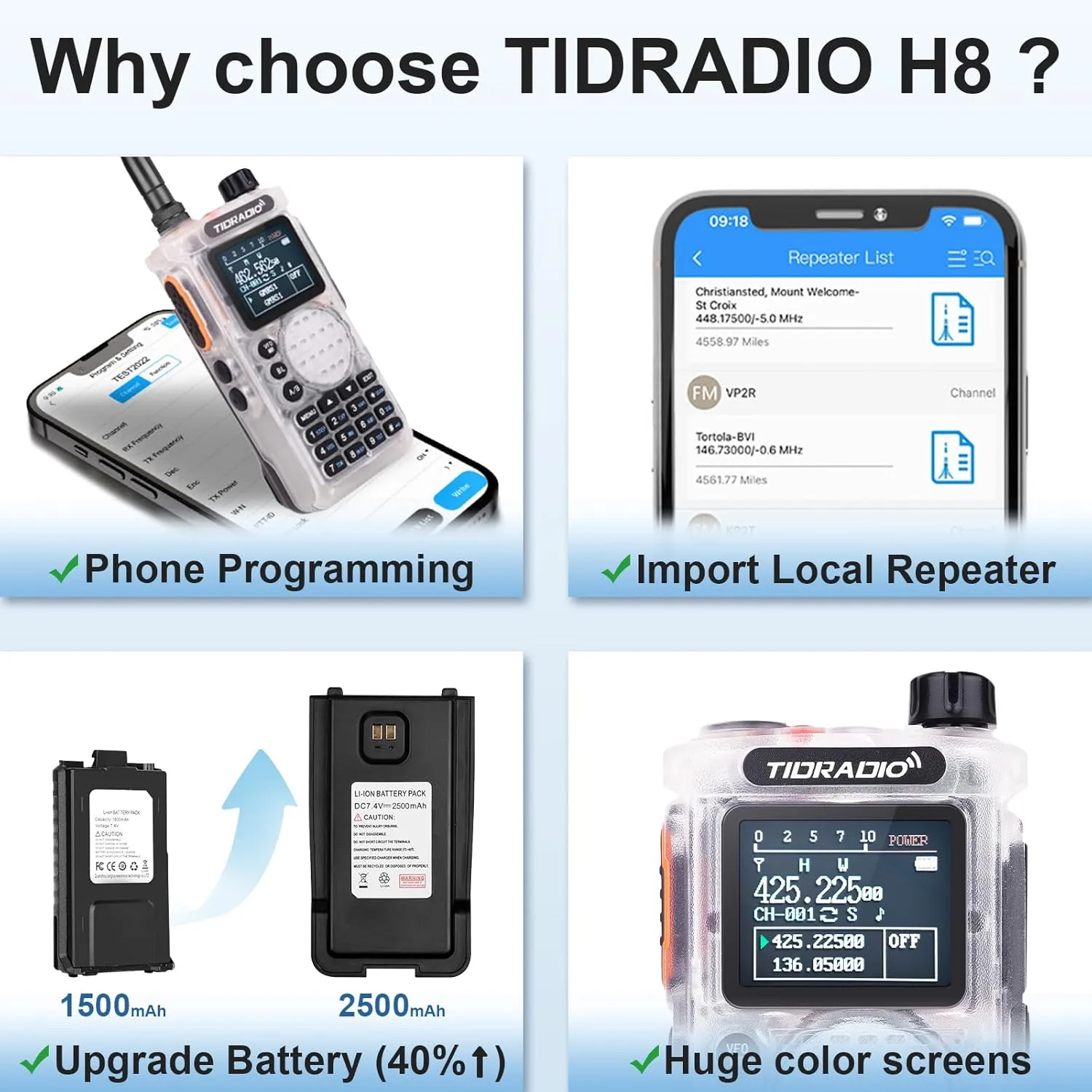(2nd Gen) TIDRADIO TD-H8 GMRS Handheld Radio with Bluetooth Programming Repeater Capable Dual Band Long Range Two Way Radios with 4PCS Batteries 771 Long Antenna & Earpiece- Crystal, 2Pack Full Kit