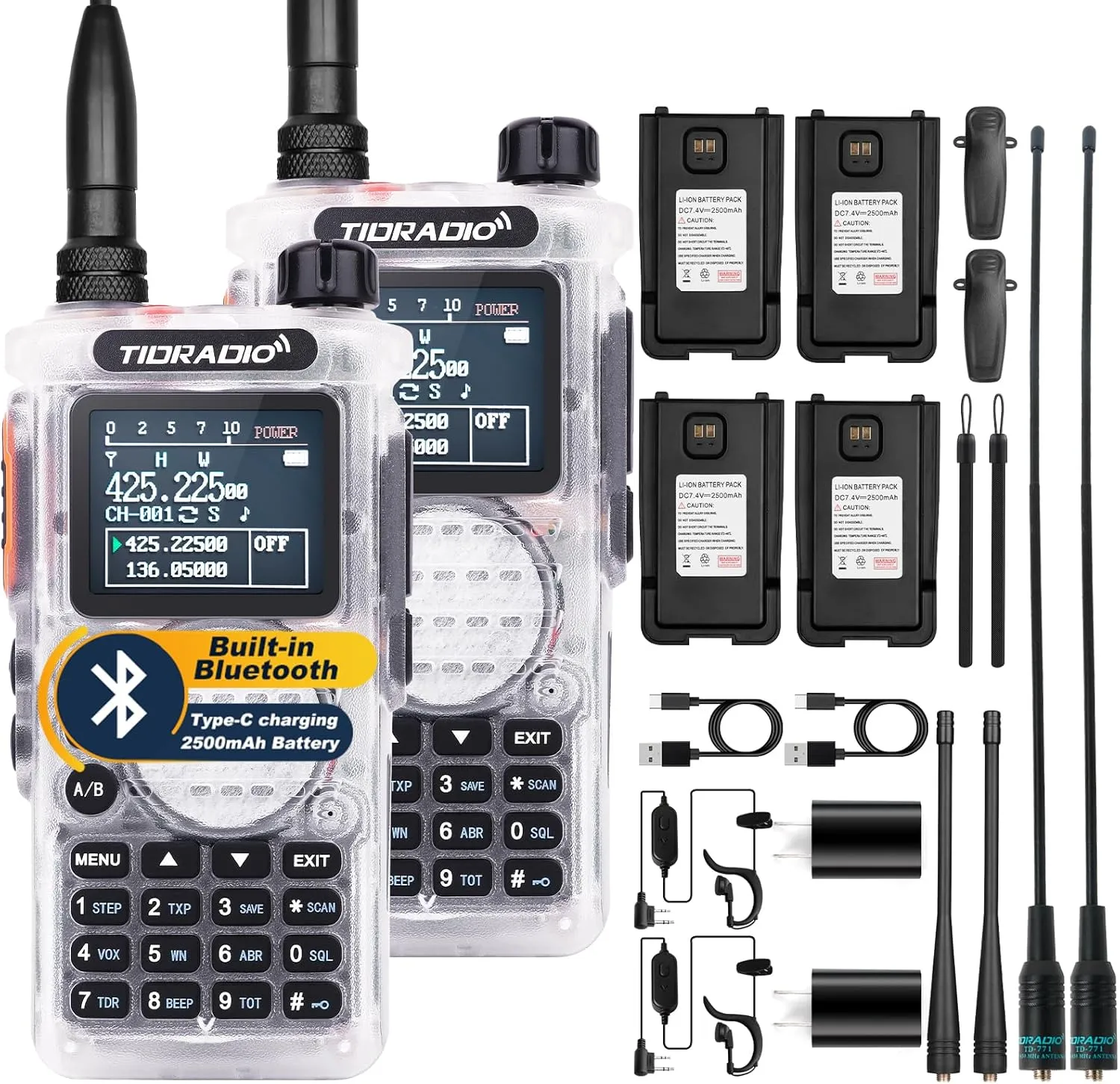(2nd Gen) TIDRADIO TD-H8 GMRS Handheld Radio with Bluetooth Programming Repeater Capable Dual Band Long Range Two Way Radios with 4PCS Batteries 771 Long Antenna & Earpiece- Crystal, 2Pack Full Kit