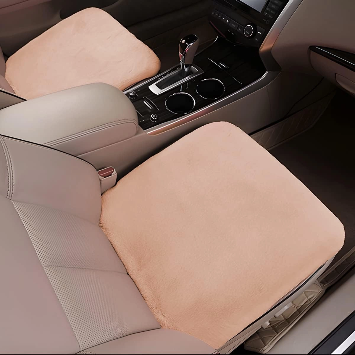 2Pack Car Front Seat Cushion, Soft Warm Faux Rabbit Fur Winter Auto Seat Cover, Fluffy Plush Vehicle Seat Protector Pad with Non-Slip Backing, Car Accessories for Home and Office Chair (Khaki)