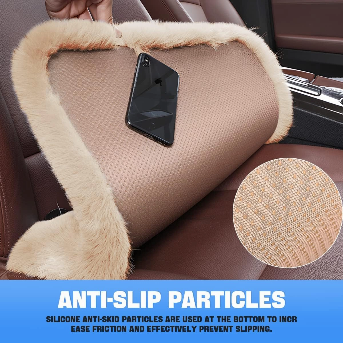 2Pack Car Front Seat Cushion, Soft Warm Faux Rabbit Fur Winter Auto Seat Cover, Fluffy Plush Vehicle Seat Protector Pad with Non-Slip Backing, Car Accessories for Home and Office Chair (Khaki)