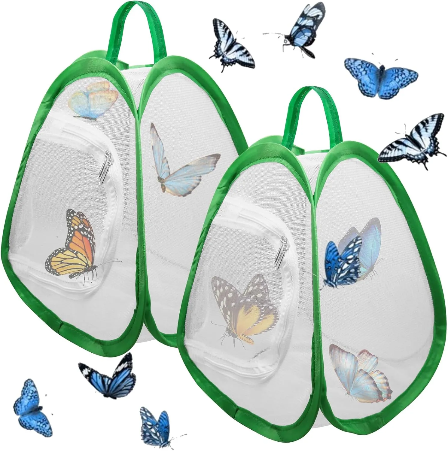 2Pcs Butterfly Net, Foldable Bug Catcher for Kids Butterfly Kit with Live Caterpillars, Live Caterpillars for Butterflies Kit Portable Zippered Butterfly Home Feeding Caterpillar Butterfly House