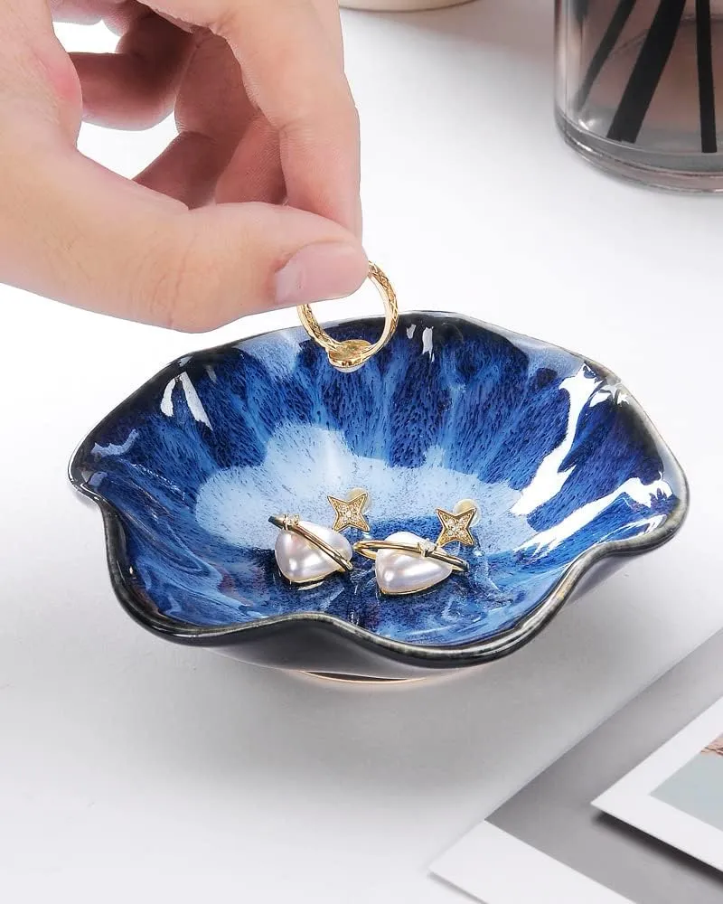2PCS Lotus Leaf Shape Ring Holder Dish, Small Key Bowl, Ceramic Trinket Tray Jewelry Dish Organizing Necklace Earrings for Mom Friend Sister, All Jewelries are NOT Included. Blue Pink.…