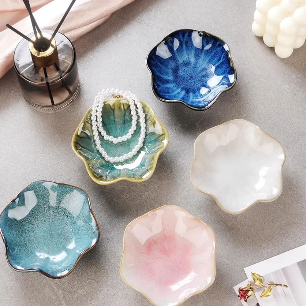 2PCS Lotus Leaf Shape Ring Holder Dish, Small Key Bowl, Ceramic Trinket Tray Jewelry Dish Organizing Necklace Earrings for Mom Friend Sister, All Jewelries are NOT Included. Blue Pink.…