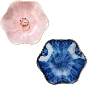 2PCS Lotus Leaf Shape Ring Holder Dish, Small Key Bowl, Ceramic Trinket Tray Jewelry Dish Organizing Necklace Earrings for Mom Friend Sister, All Jewelries are NOT Included. Blue Pink.…