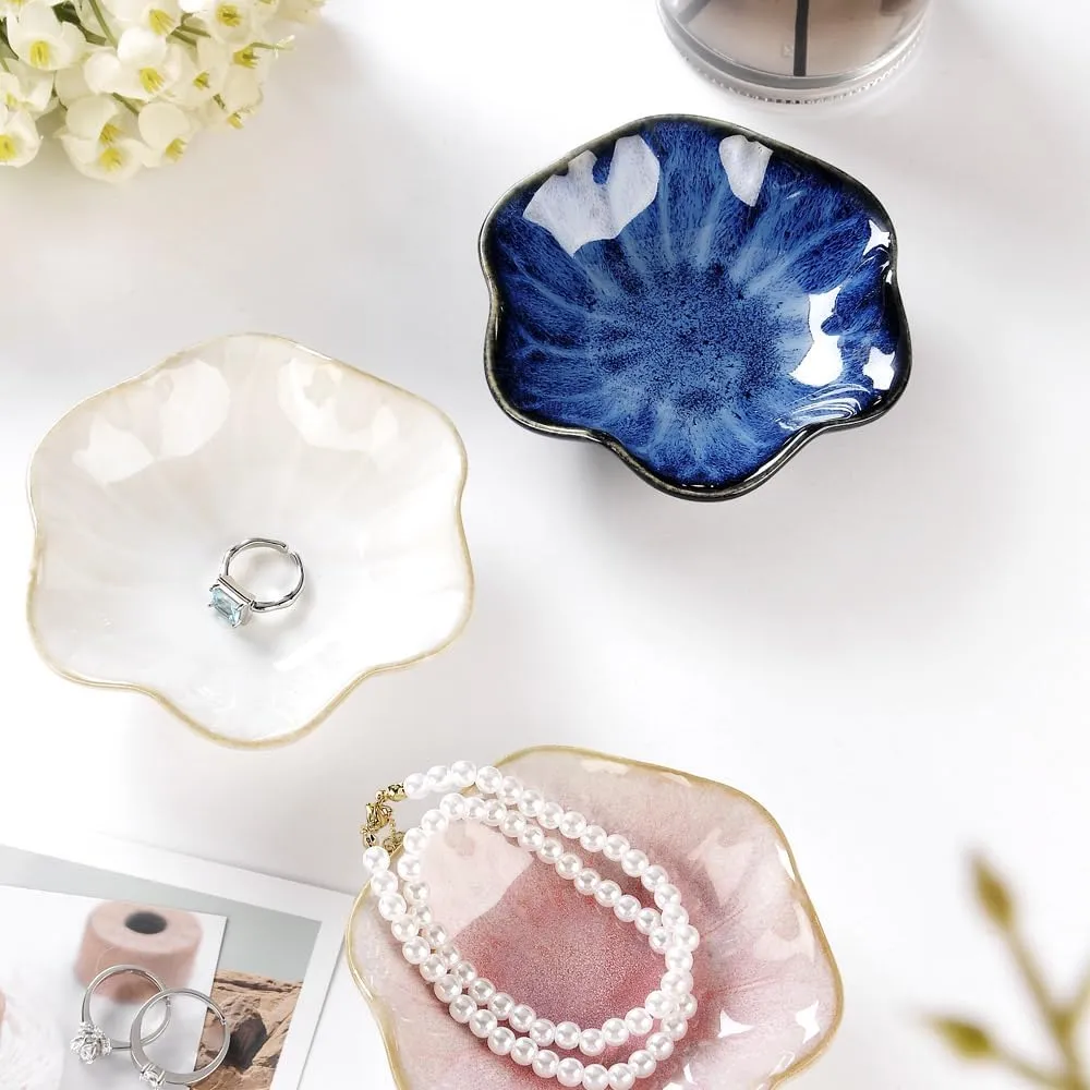 2PCS Lotus Leaf Shape Ring Holder Dish, Small Key Bowl, Ceramic Trinket Tray Jewelry Dish Organizing Necklace Earrings for Mom Friend Sister, All Jewelries are NOT Included. Blue Pink.…