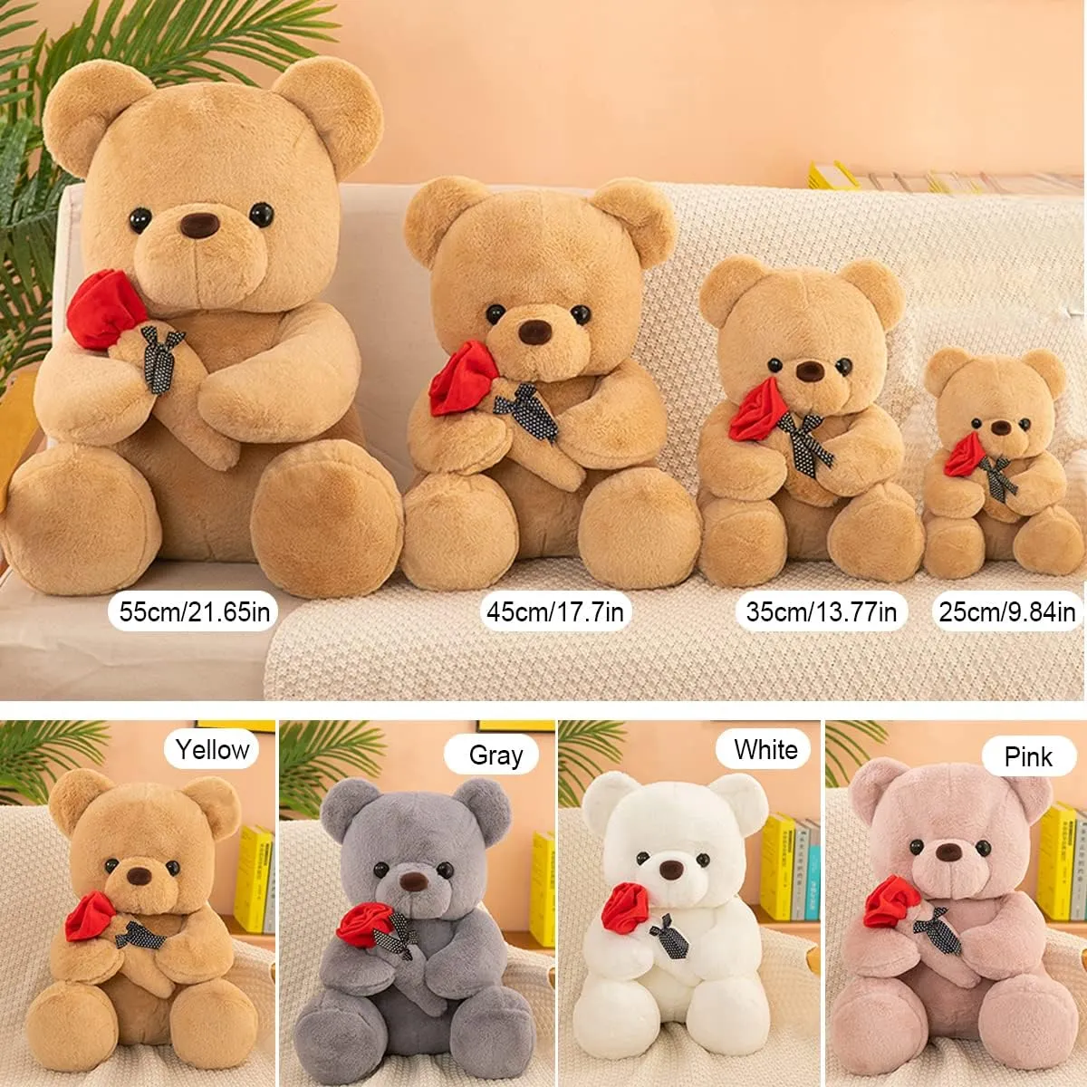 2pcs Teddy Bear Stuffed Animals, Cute Teddy Bear Plush Toy with Rose, Valentines Day Bear Soft Gifts for Girlfriend, Kids Boyfriend (Pink, 9.84 13.77 inch)