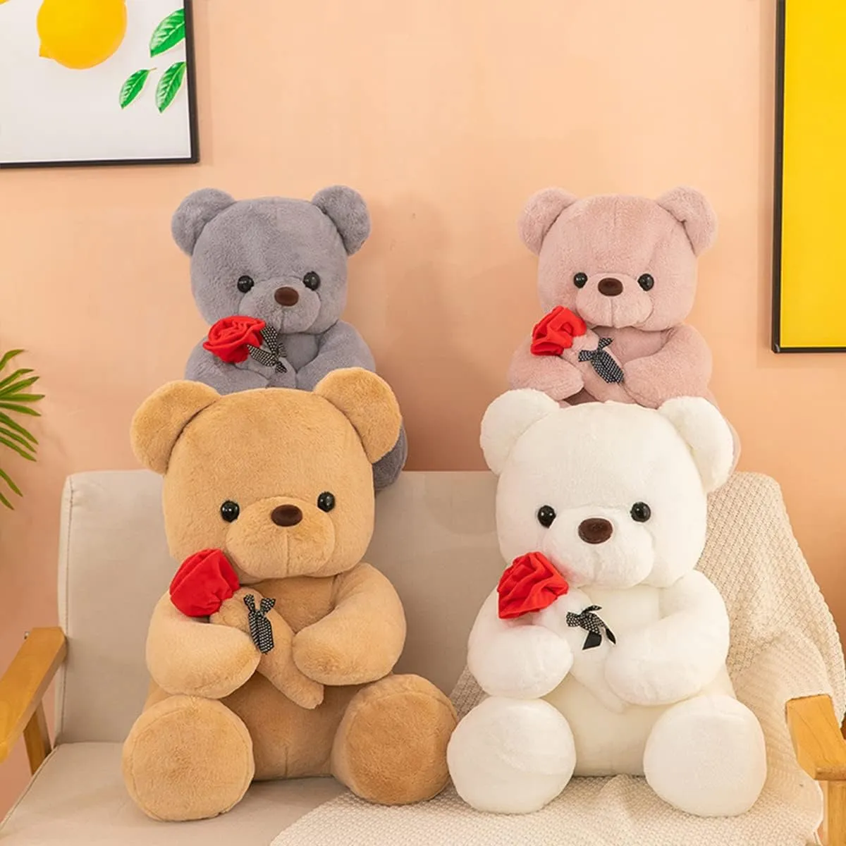 2pcs Teddy Bear Stuffed Animals, Cute Teddy Bear Plush Toy with Rose, Valentines Day Bear Soft Gifts for Girlfriend, Kids Boyfriend (Pink, 9.84 13.77 inch)