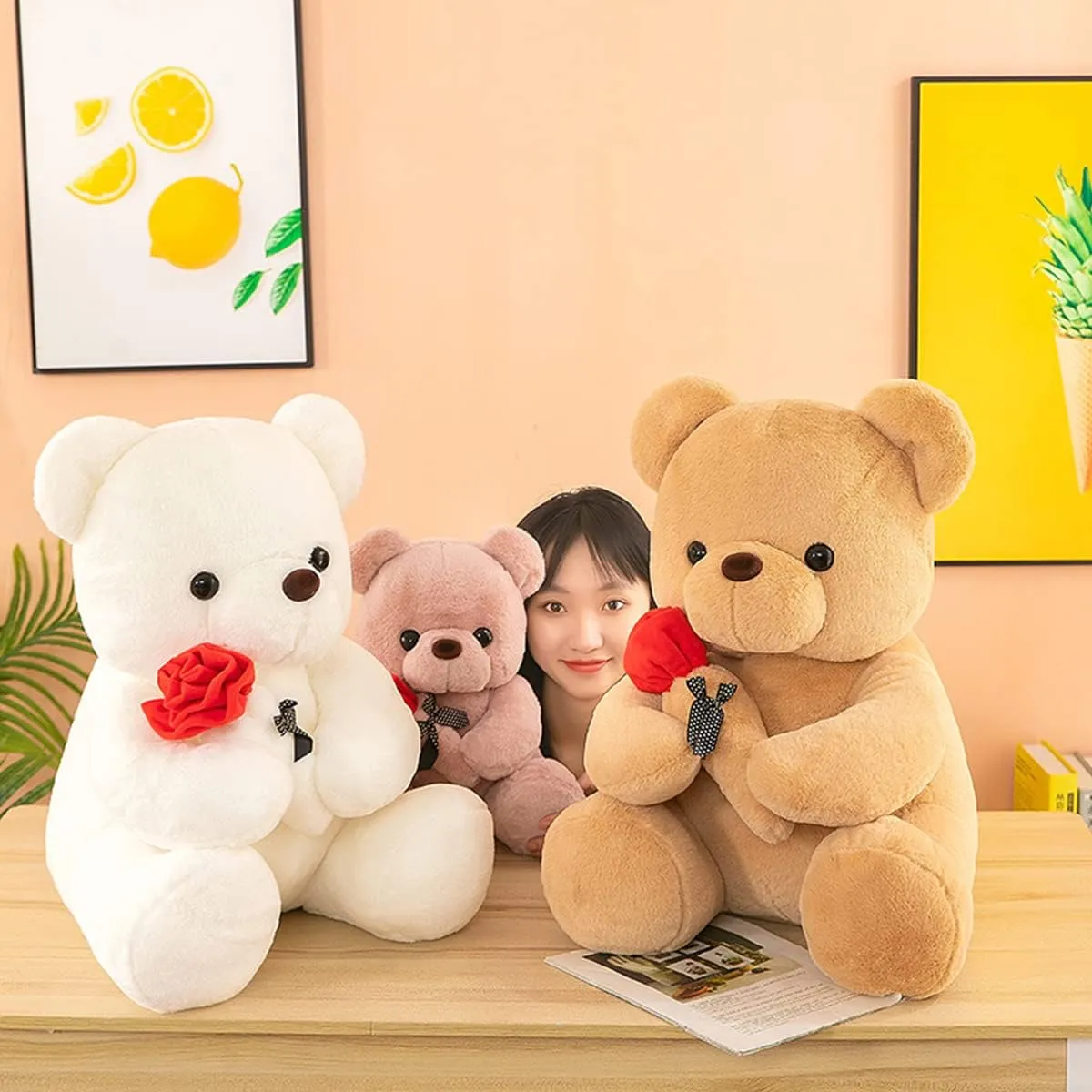 2pcs Teddy Bear Stuffed Animals, Cute Teddy Bear Plush Toy with Rose, Valentines Day Bear Soft Gifts for Girlfriend, Kids Boyfriend (Pink, 9.84 13.77 inch)