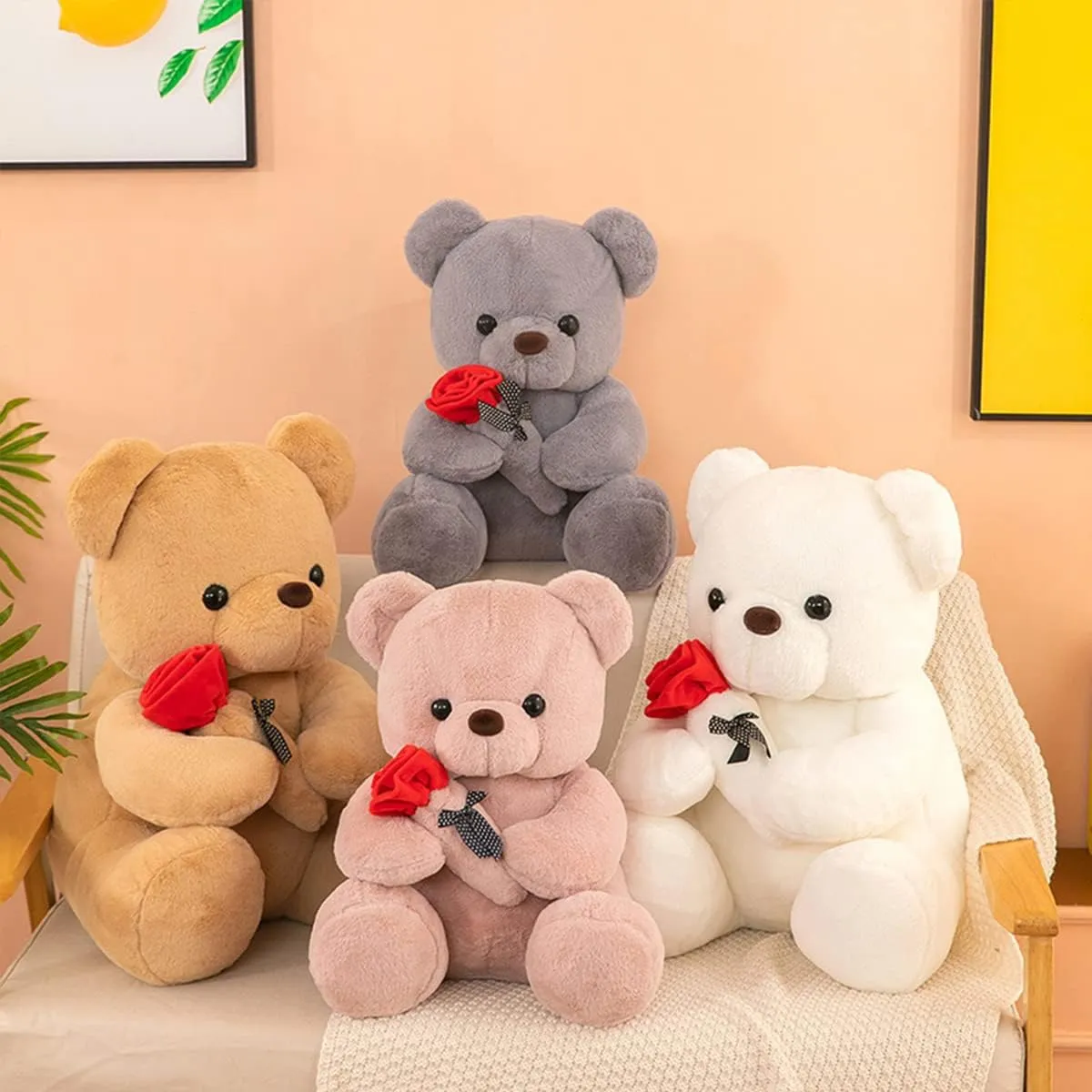 2pcs Teddy Bear Stuffed Animals, Cute Teddy Bear Plush Toy with Rose, Valentines Day Bear Soft Gifts for Girlfriend, Kids Boyfriend (Pink, 9.84 13.77 inch)