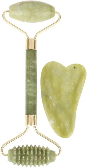2PCS/Set Double Head Facial Beauty Massage Tool, Natural Jade Guasha Board Face Neck Skin Roller Massager Health Care Tools-A