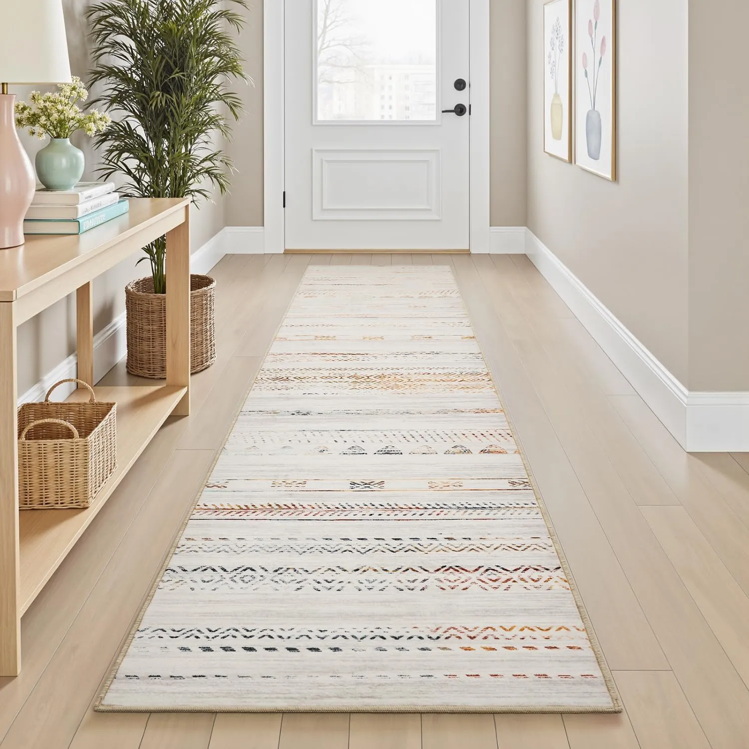 2x10 Runner Rug Machine Washable Non Slip Area Rug Distressed Neutral Moroccan Boho Rug Ultra Soft Floor Runners for Hallways for Entryway Laundry Room Kitchen, Multi