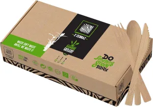 2ZEBRAZ 100% Bamboo Cutlery Set of 300pc - 100 Forks, 100 Knives, 100 Spoons, Smooth Reusable Bamboo Silverware, Compostable and Durable Disposable Utensils, Eco-Friendly Flatware in Premium Box