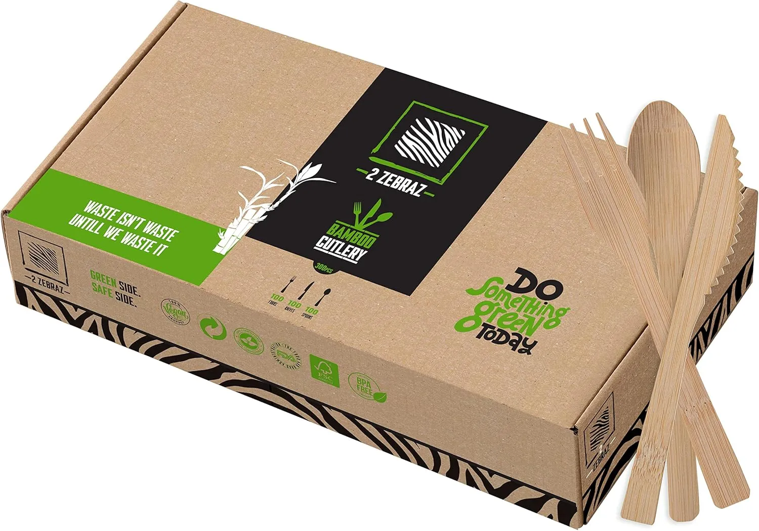 2ZEBRAZ 100% Bamboo Cutlery Set of 300pc - 100 Forks, 100 Knives, 100 Spoons, Smooth Reusable Bamboo Silverware, Compostable and Durable Disposable Utensils, Eco-Friendly Flatware in Premium Box