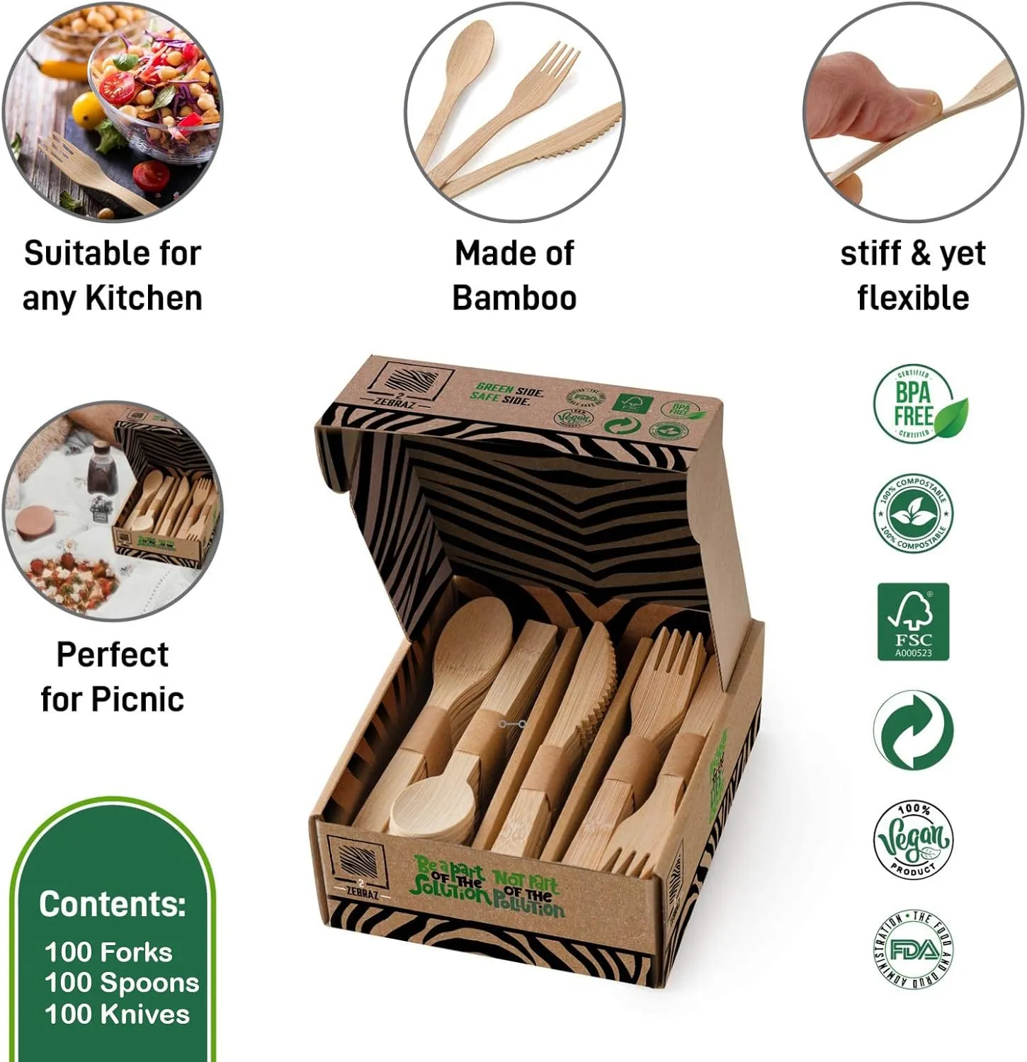 2ZEBRAZ 100% Bamboo Cutlery Set of 300pc - 100 Forks, 100 Knives, 100 Spoons, Smooth Reusable Bamboo Silverware, Compostable and Durable Disposable Utensils, Eco-Friendly Flatware in Premium Box