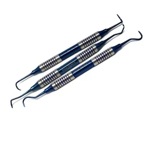 3 Dental Curettes 204S   H6/H7   Montana Jack - Hollow Handle, Blue Titanium Coated Professional Teeth Cleaning Calculus Remover Periodontal Scalers - Stainless Steel for Oral Care Double Ended Tips