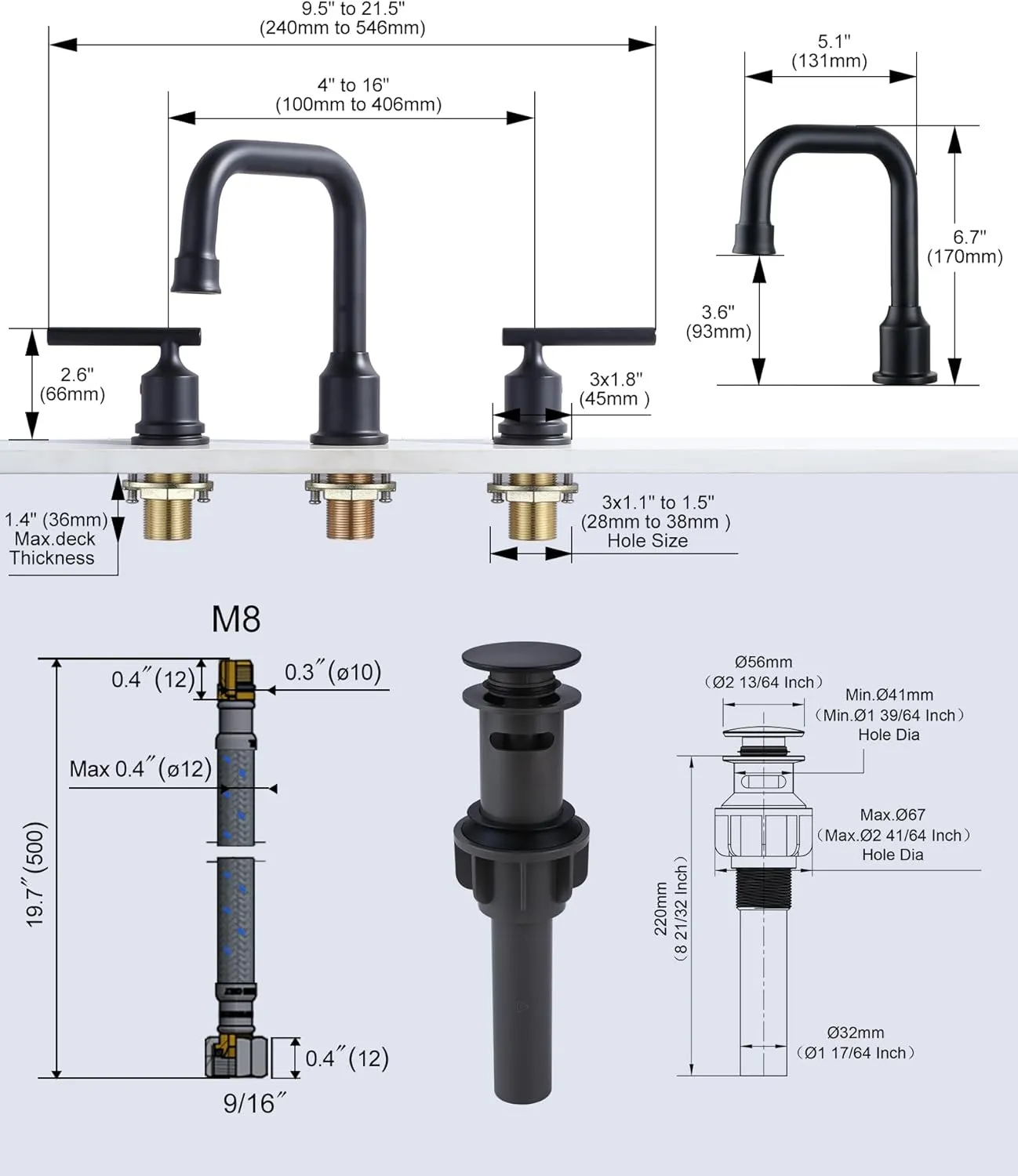 3 Hole Bathroom Faucet Black: WOWOW 8 Inch Bathroom Sink Faucet Widespread, Two Handle Vanity Faucet with Pop-up Drain and Supply Lines, 360 Swivel Lavatory Faucet High Arc Modern Tap (2 Sets)
