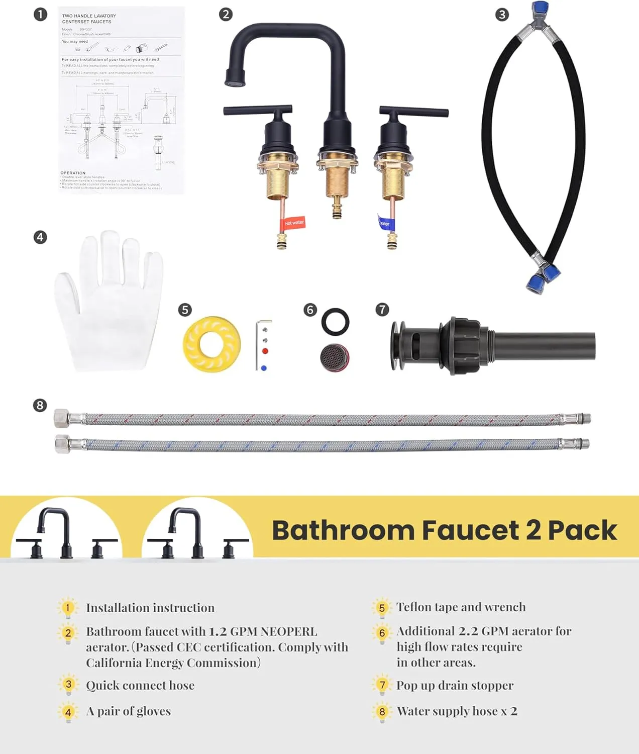 3 Hole Bathroom Faucet Black: WOWOW 8 Inch Bathroom Sink Faucet Widespread, Two Handle Vanity Faucet with Pop-up Drain and Supply Lines, 360 Swivel Lavatory Faucet High Arc Modern Tap (2 Sets)