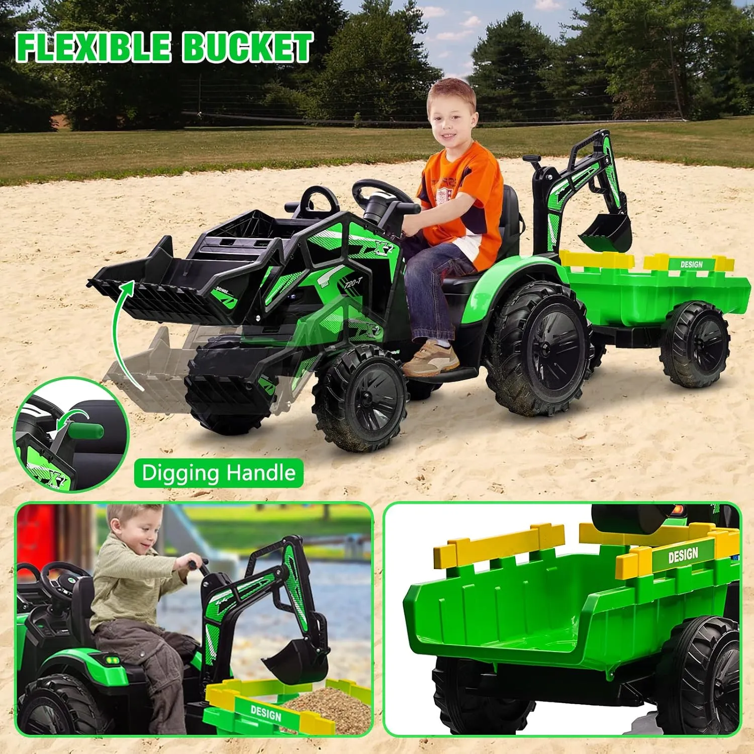 3-in-1 Ride On Tractor, 24V Ride On Car Toy Excavator & Bulldozer - Battery-Powered Electric Vehicle w/Trailer, Digger, Remote Control, LED Lights, Music & USB, Battery Powered, Green