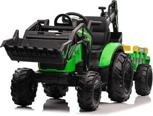 3-in-1 Ride On Tractor, 24V Ride On Car Toy Excavator & Bulldozer - Battery-Powered Electric Vehicle w/Trailer, Digger, Remote Control, LED Lights, Music & USB, Battery Powered, Green