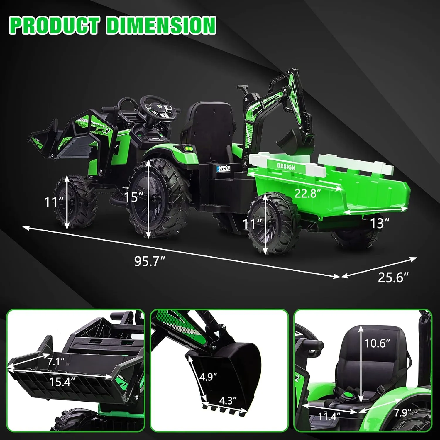 3-in-1 Ride On Tractor, 24V Ride On Car Toy Excavator & Bulldozer - Battery-Powered Electric Vehicle w/Trailer, Digger, Remote Control, LED Lights, Music & USB, Battery Powered, Green