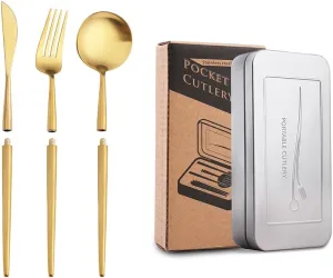 3 Pcs Portable Black Flatware set for 1 Forks Spoons and Knives Gold Silverware set Utensils Tableware Light Luxury Travel Outdoors With Box