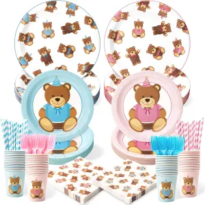 300 Pcs Teddy Bear Gender Reveal Plates and Napkins (Serve 50), Baby Shower Forks and Straws Party Decorations, Boy Girl Gender Reveal, Happy Birthday Decor Supplies